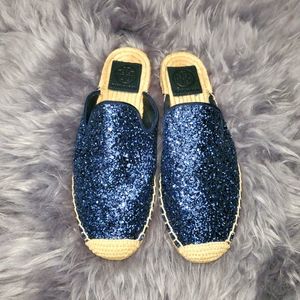 Tory Burch Blue Glitter Mules, NWT